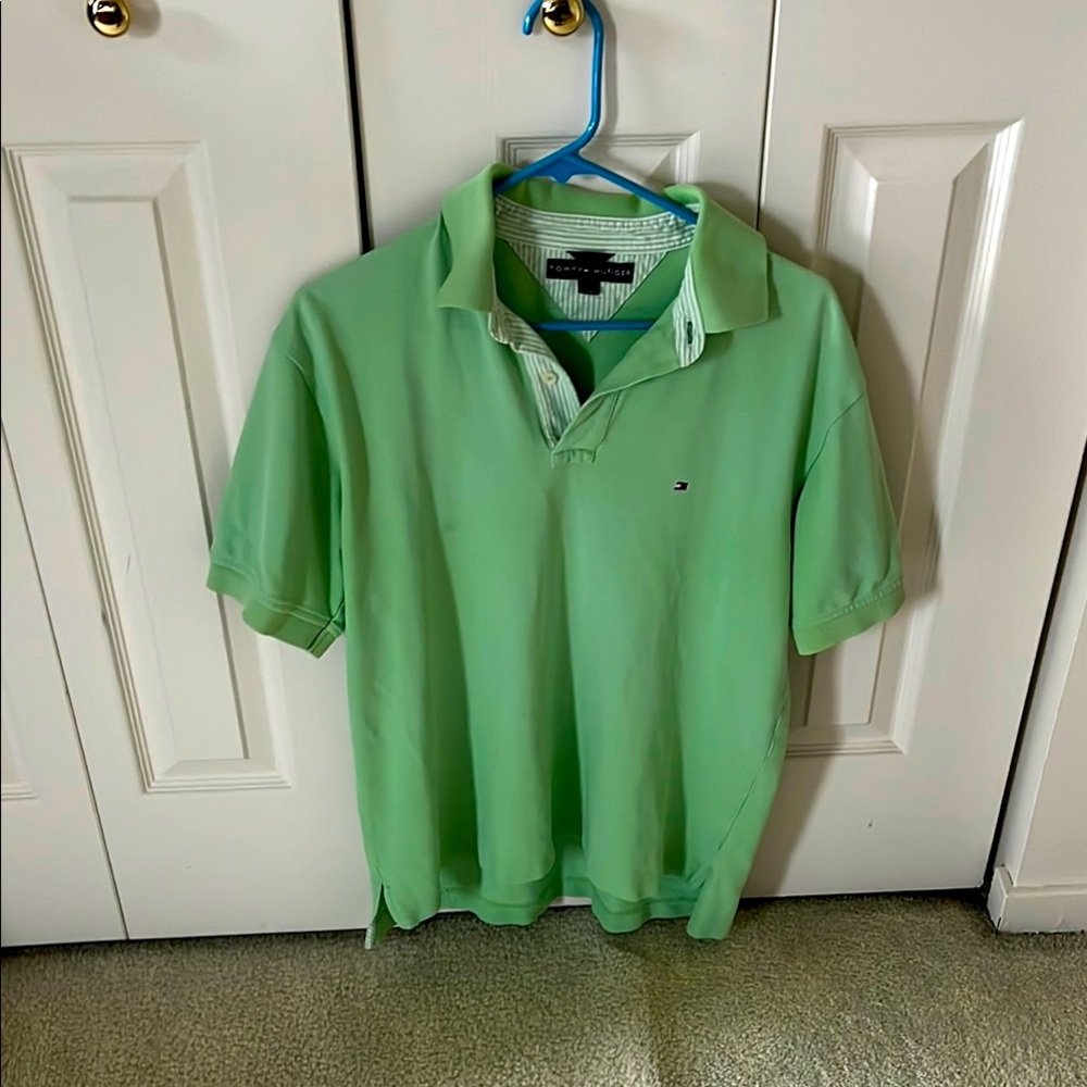 Green polo.  Tommy Hilfiger